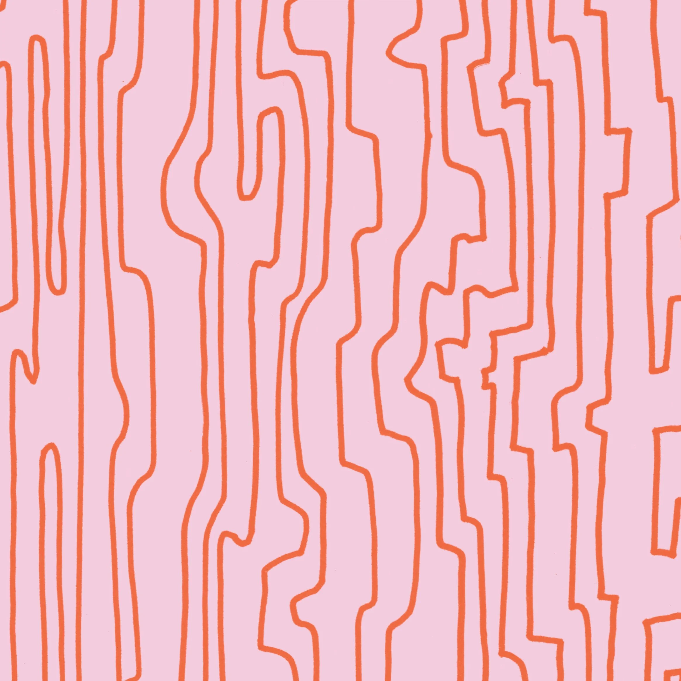 Abstract image with a light pink background and irregular orange lines forming a maze-like pattern.