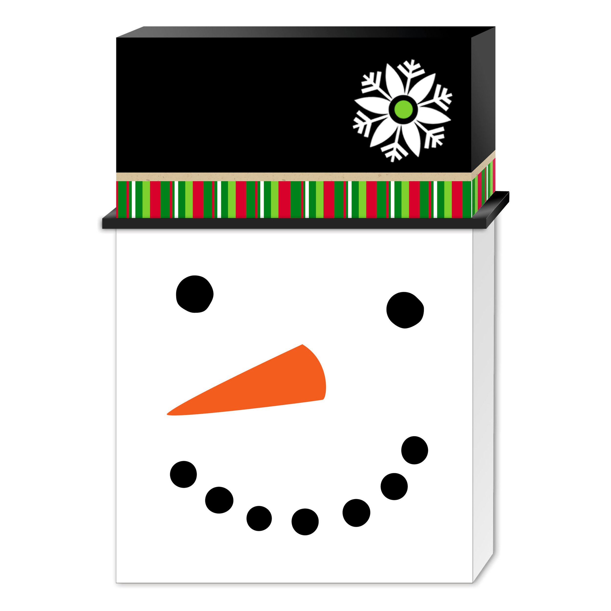 A displayable, reusable Holiday box that comes with greeting cards inside, sporting a snowman face bottom and a black hat top, decorated with a red, green, and white striped brim, and a snowflake trim.