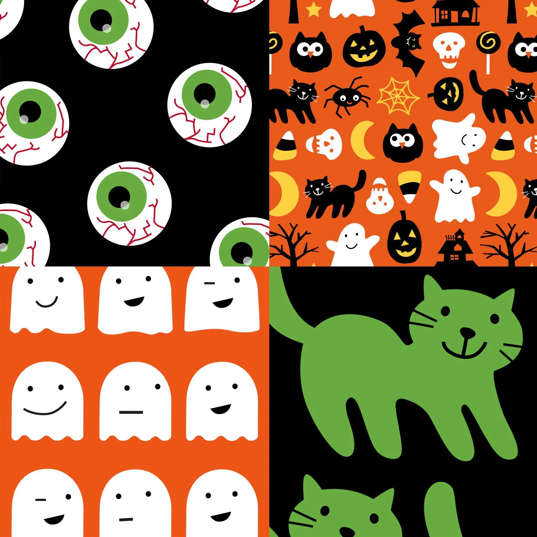 Halloween-themed patterns, including creepy eyeballs, cute ghosts, friendly black cats, and spooky pumpkins on orange and black backgrounds.