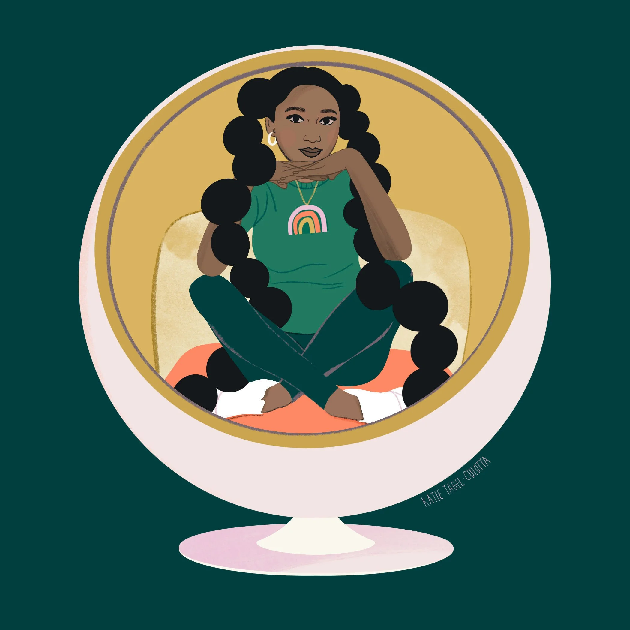Digital illustration of a woman with large black hair styled in thick braids, wearing a green shirt with a rainbow necklace, sitting with her chin resting on her hand inside a decorative circular frame.