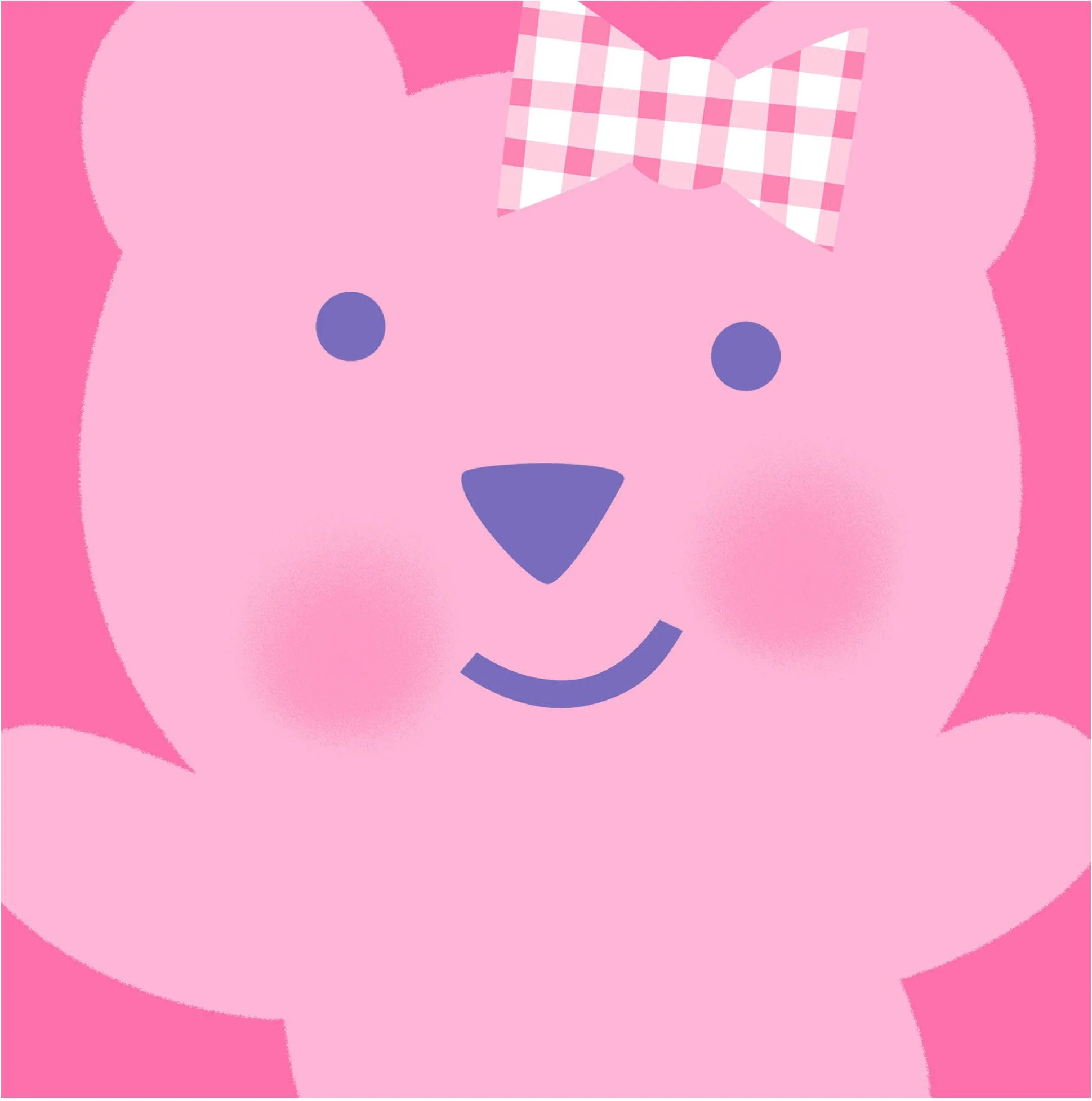 Close-up of a pink cartoon puppy face with dark purple nose and eyes, and a pink and white checkered bow on its head.