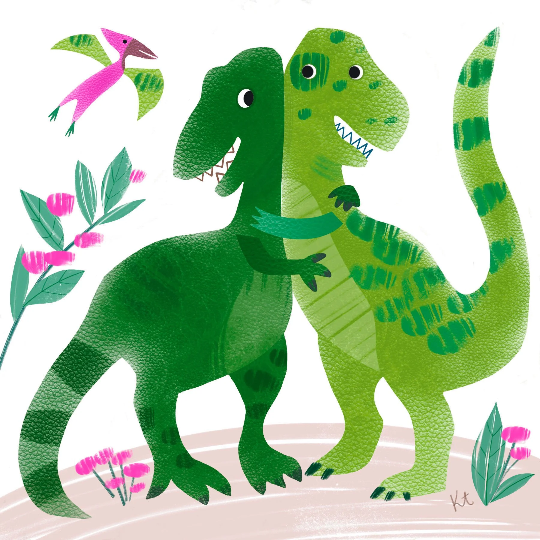 A colorful illustration of two cartoon dinosaurs, one green with darker green spots and the other darker green, standing close together with their arms wrapped around each other. They have big eyes and friendly smiles. There are pink flowers with gre