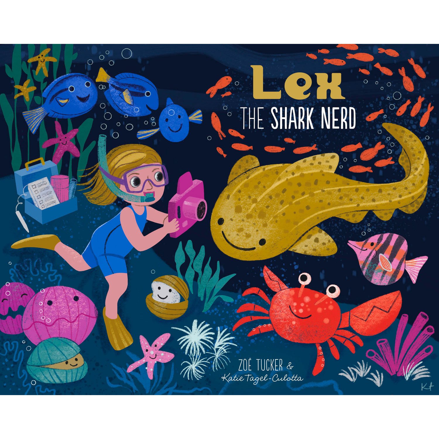 Colorful illustrated cover of a children's book featuring a girl with goggles snorkel swimming underwater among various sea creatures including fish, starfish, jellyfish, crab, clam, and coral. The title of the book is "Lex the Shark Nerd," written b