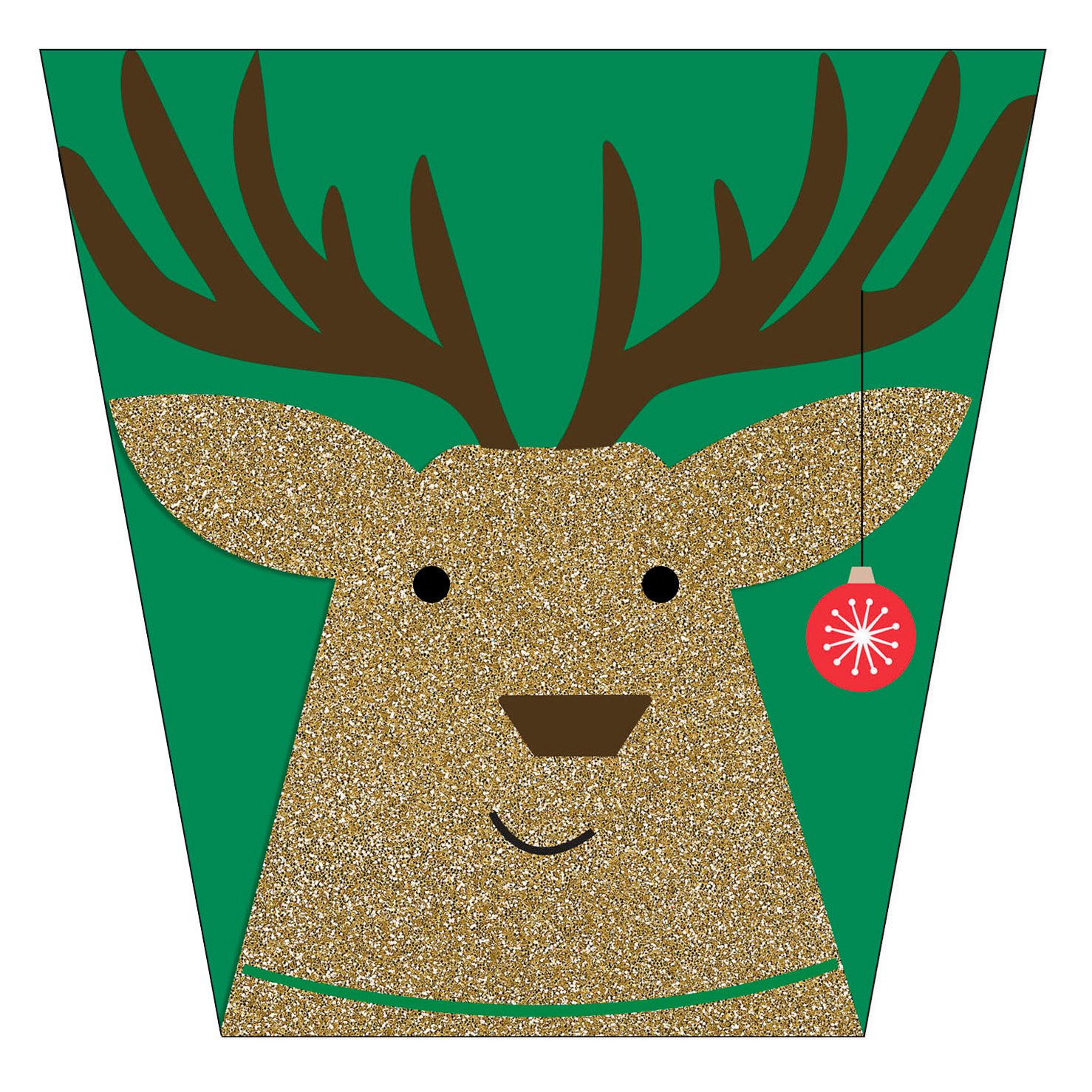 A festive holiday gift bag with a glittery reindeer face, green background, and a red ornament hanging from an antler.
