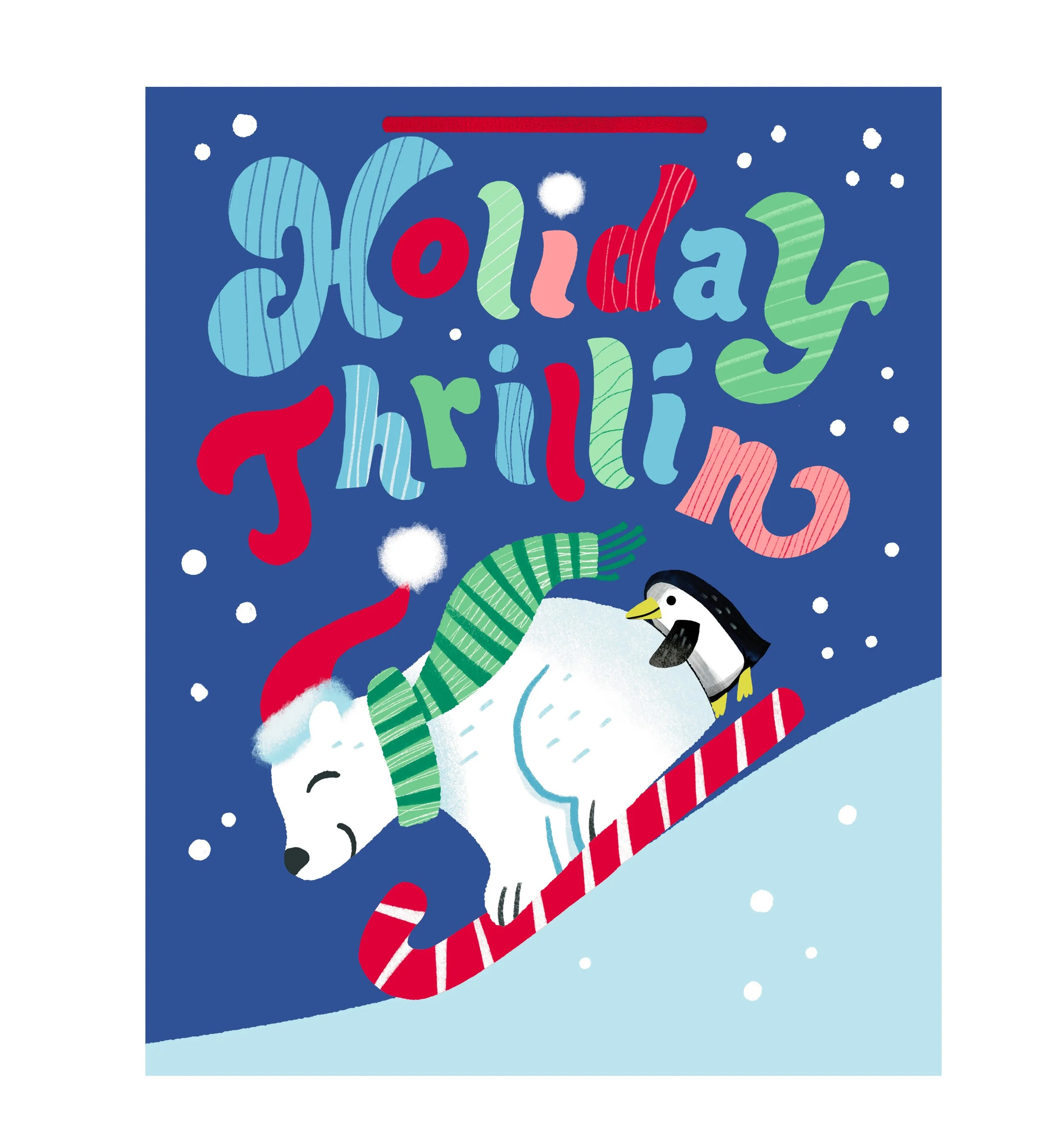 Colorful holiday greeting card with a snowman wearing a striped scarf and a Santa hat, with the text 'Holiday Wishes' written in large, multicolored, striped letters, surrounded by snowflakes on a blue background.