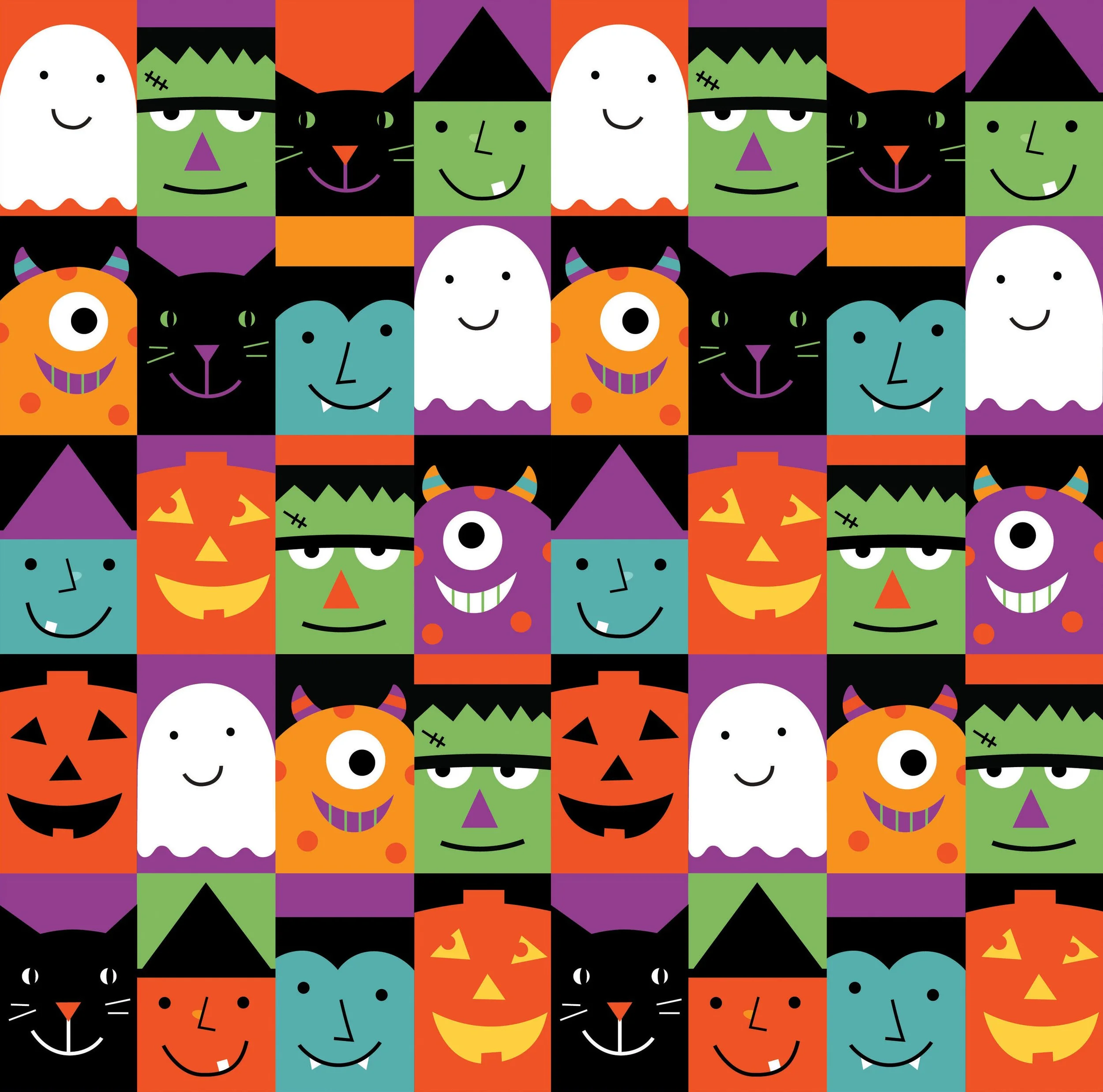 A colorful, repeating Halloween-themed pattern featuring cartoon-style ghosts, green monsters, black cats, orange pumpkins with faces, and mountain and triangle shapes in bright colors.