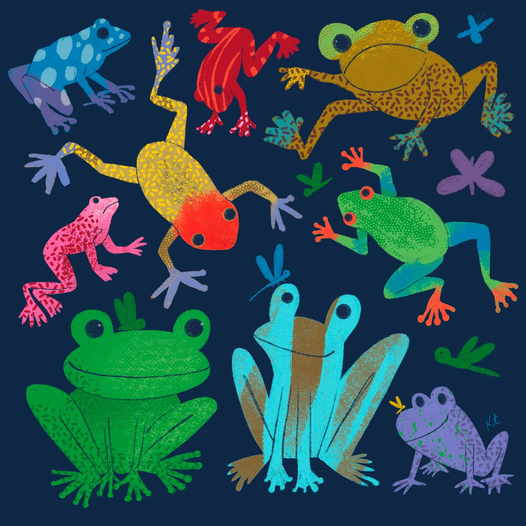 Colorful illustration of various frogs and insects, including frogs in pink, green, purple, blue, and yellow, along with a dragonfly and other small insects, set against a dark background.