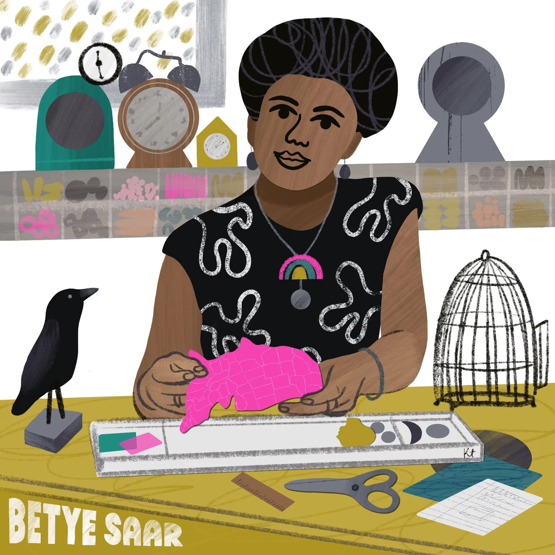 An illustrated woman with a colorful rainbow necklace works at a desk with various craft and school supplies. The background shows clocks, a bird sculpture, and art supplies. The table has scissors, rulers, and a notebook.