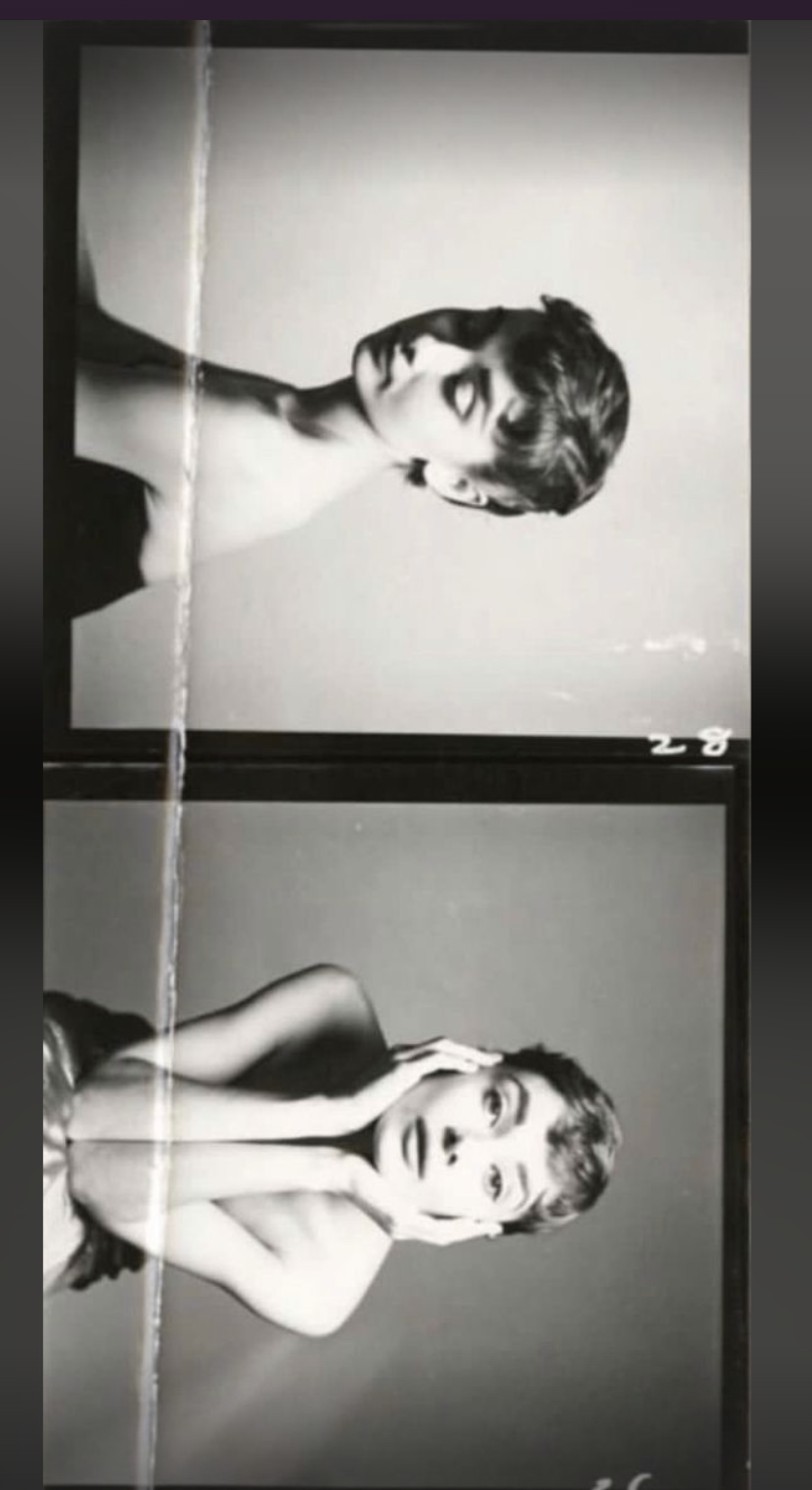 Black and white contact sheet with two portraits of young women with short hair, portrayed in a classic, vintage style. The top photo shows a woman gazing sideways, the bottom photo shows a woman resting her face on her hands, looking forward.
