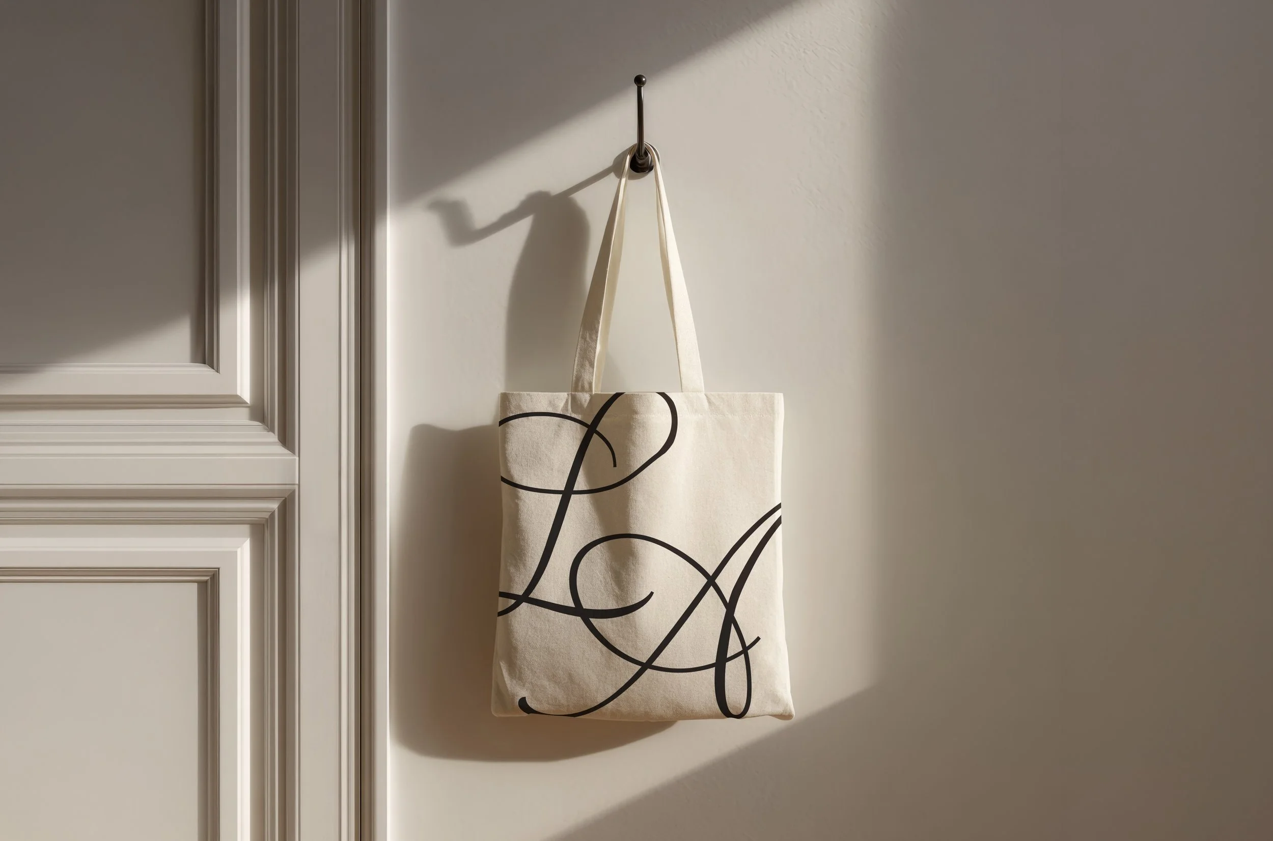 A beige tote bag with black cursive script hanging on a shadowed wall hook near a paneled door.