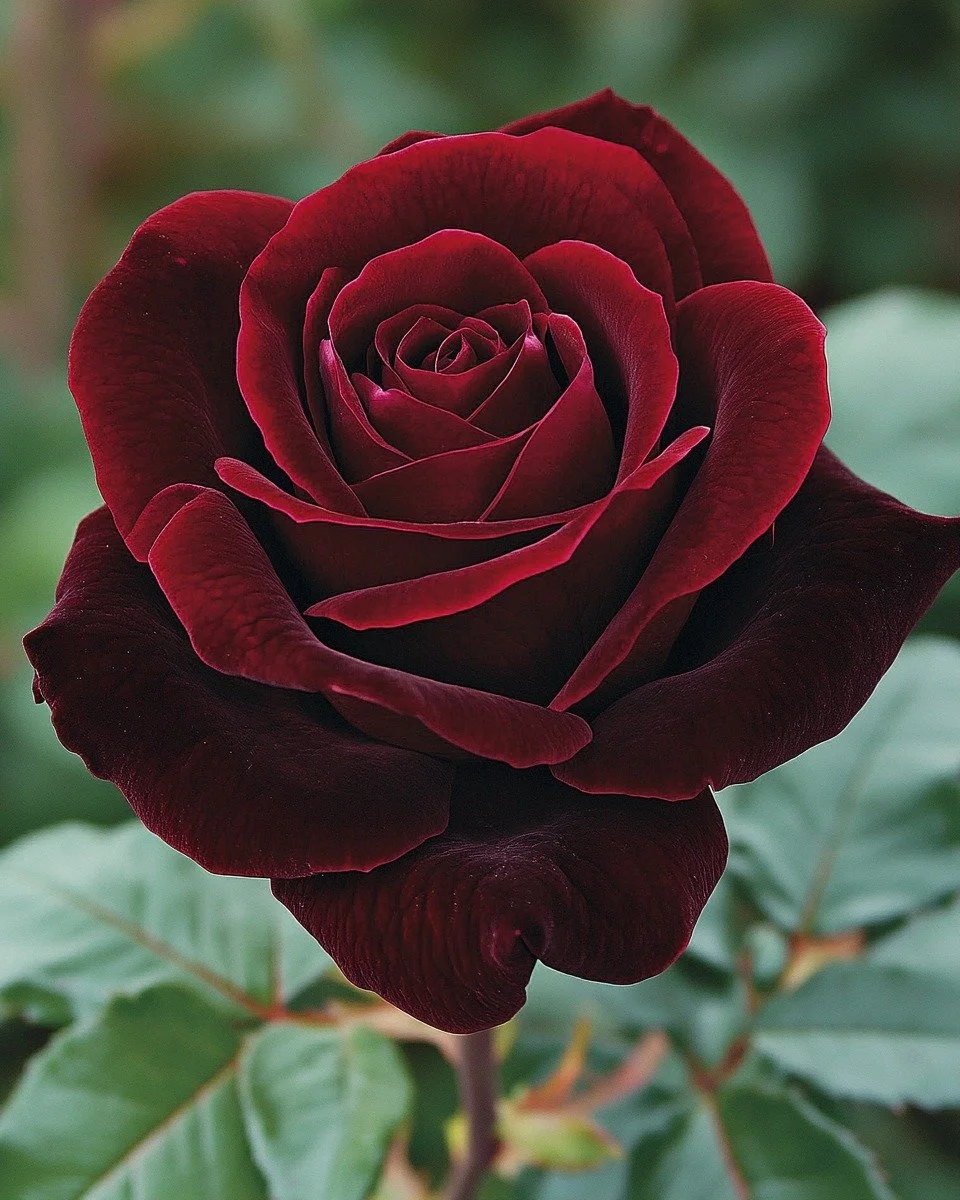 Close-up of a deep red rose in full bloom, surrounded by green leaves.