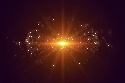 Bright explosion of light with sparkling particles on a dark background.