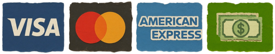 Credit card logos for Visa, Mastercard, American Express, and cash.