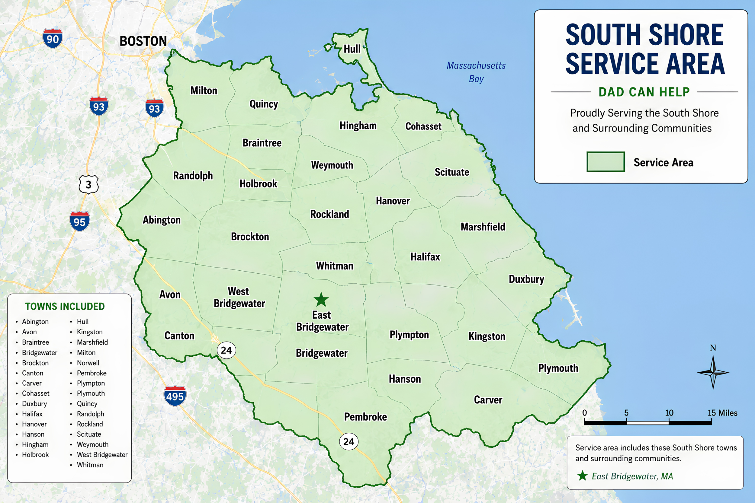 Map showing the South Shore service area in Massachusetts, including towns such as Abington, Brockton, Canton, Quincy, and Plymouth, along the coast of Massachusetts Bay, with a legend indicating service area towns and a green star marking East Bridgewater, MA.