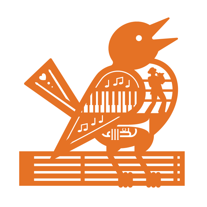 A digital illustration of a songbird perched on a musical staff with piano keys, musical notes, trumpet, and musician inside