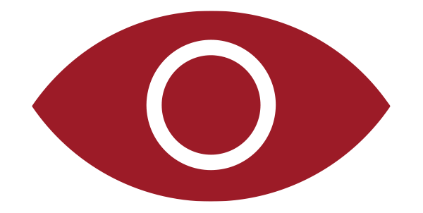 A stylized eye icon with a red iris and a black pupil in the center.