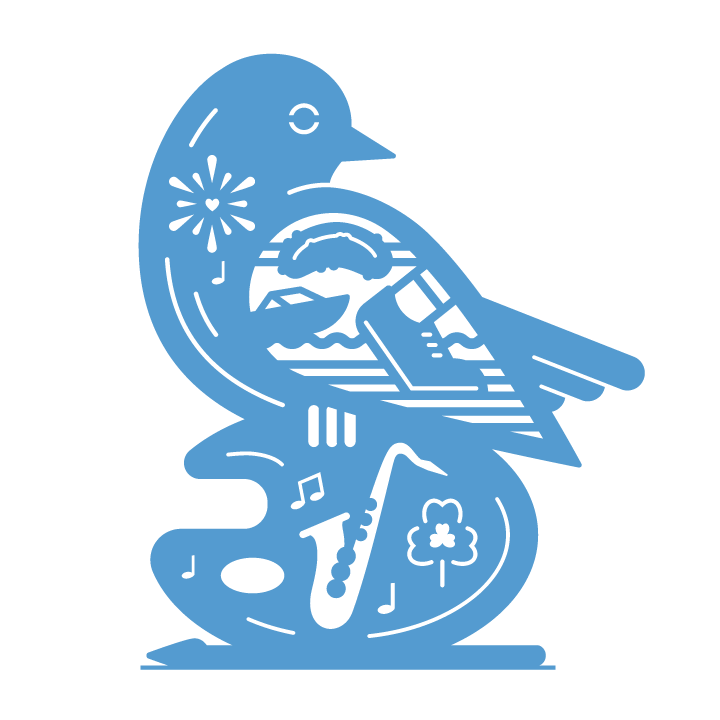 A blue digital illustration of a bluebird surrounded by musical notes, saxophone, boat, running shoe, and pickle