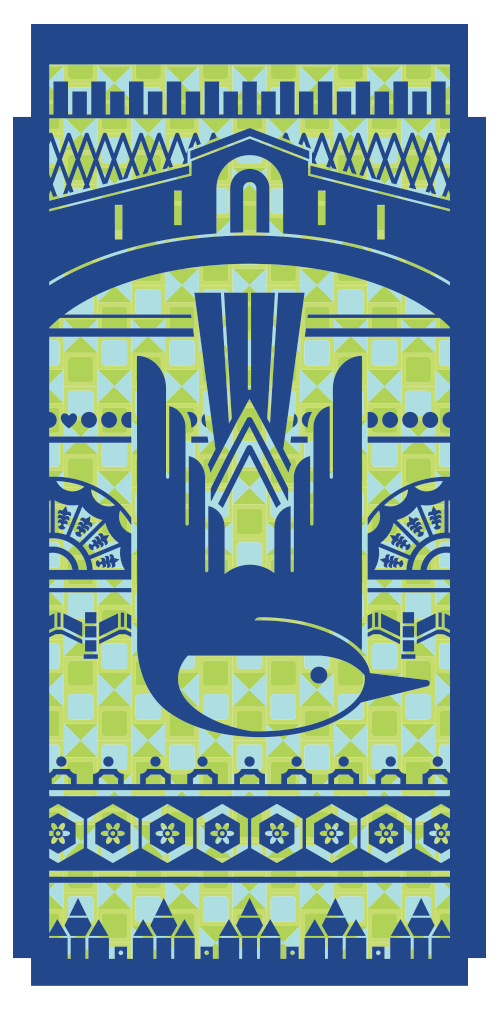 A digital illustration of a blue and green nuthatch featuring intricate patterns and geometric shapes in blue and green hues.