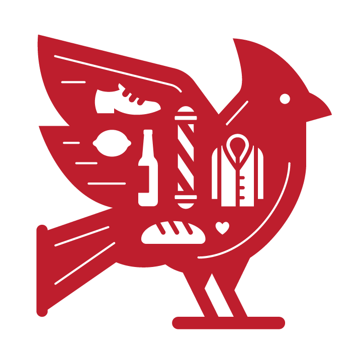 A stylized illustration of a cardinal bird with multiple medical-related icons inside its body, including a shoe, jacket, and and bottle of wine in white and red colors.
