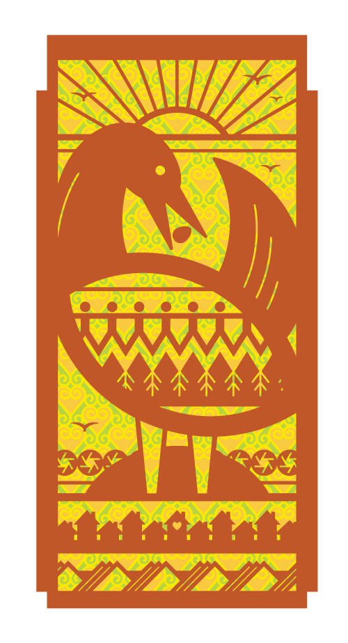 A digital illustration of a sankofa bird with houses and silhouettes of people