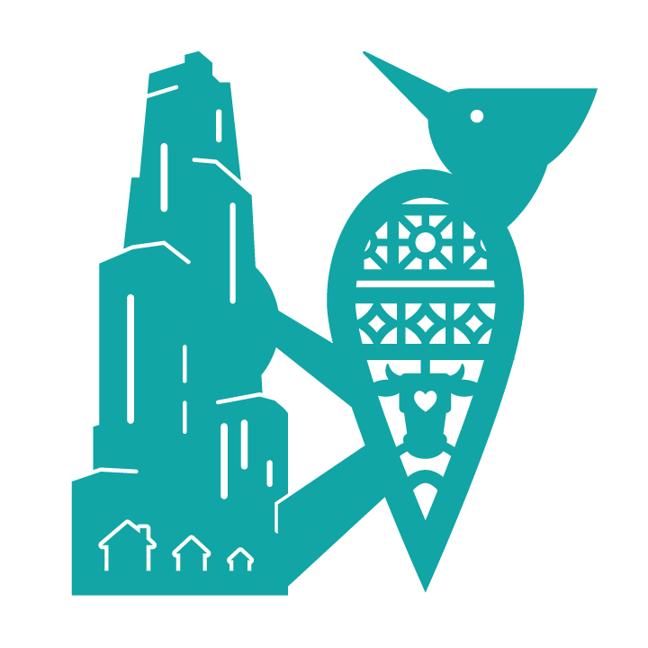 A digital illustration of a turquoise woodpecker perched on the Cathedral of Learning