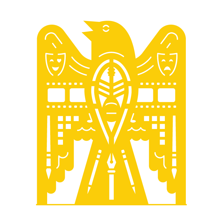 A digital illustration of a yellow goldfinch with spread wings, featuring comedy and tragedy masks and a fountain pen