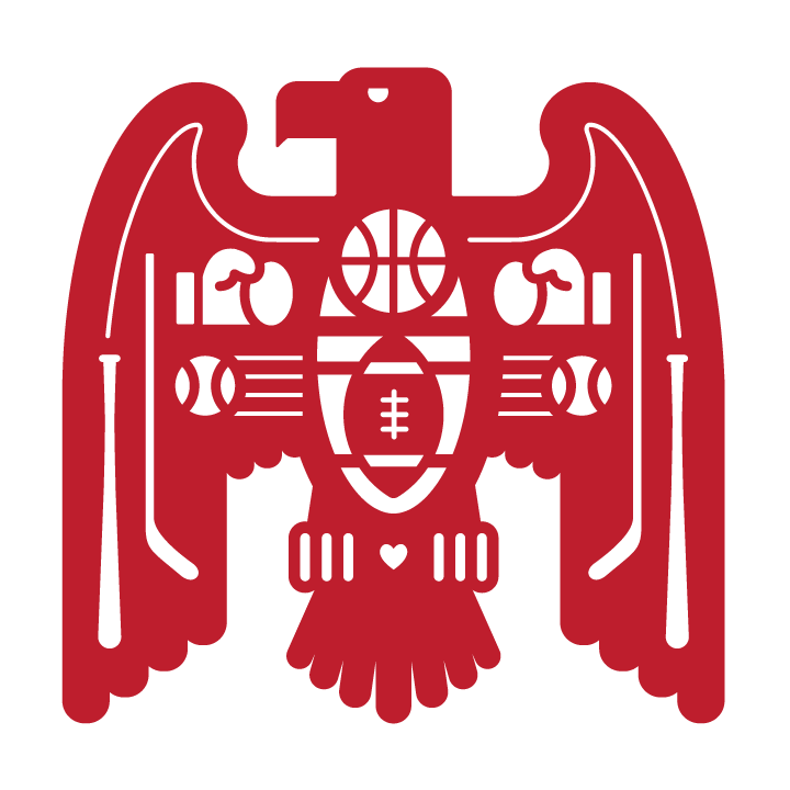 A digital illustration of a red eagle with a basketball at its center with a football, boxing gloves, and baseballs