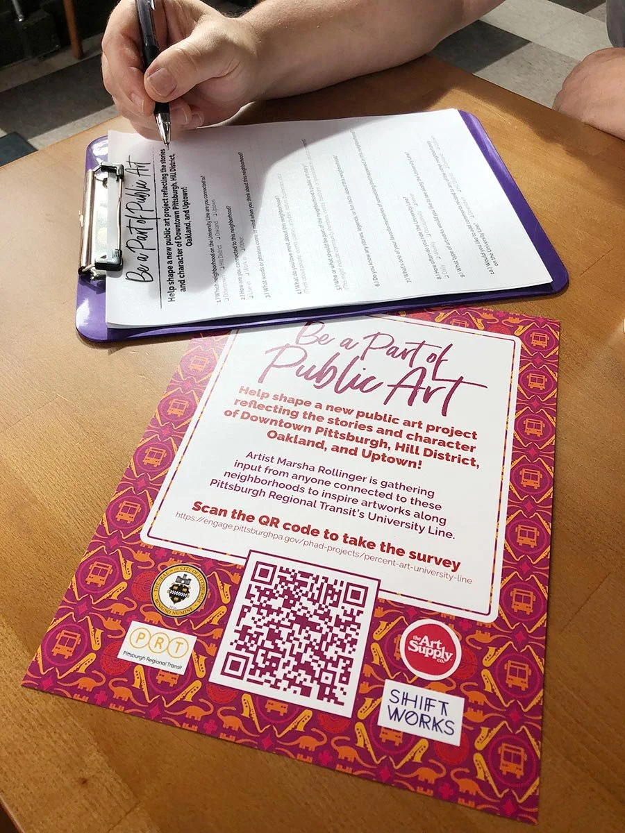 Flyer for the PittsBirds public art project with a QR code for survey at a table, with a person filling out a form nearby.