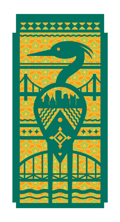 A digital illustration of a heron with a city skyline and bridge inside its body, set against a patterned yellow and teal background.