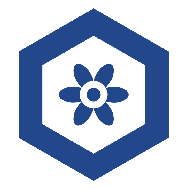 A blue hexagon shape containing a flower