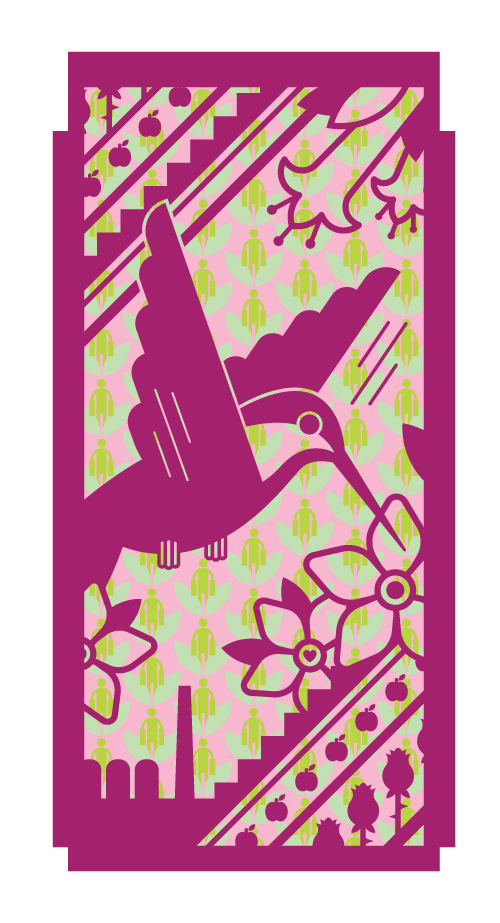 A digital illustration of a dark pink hummingbird with flowers