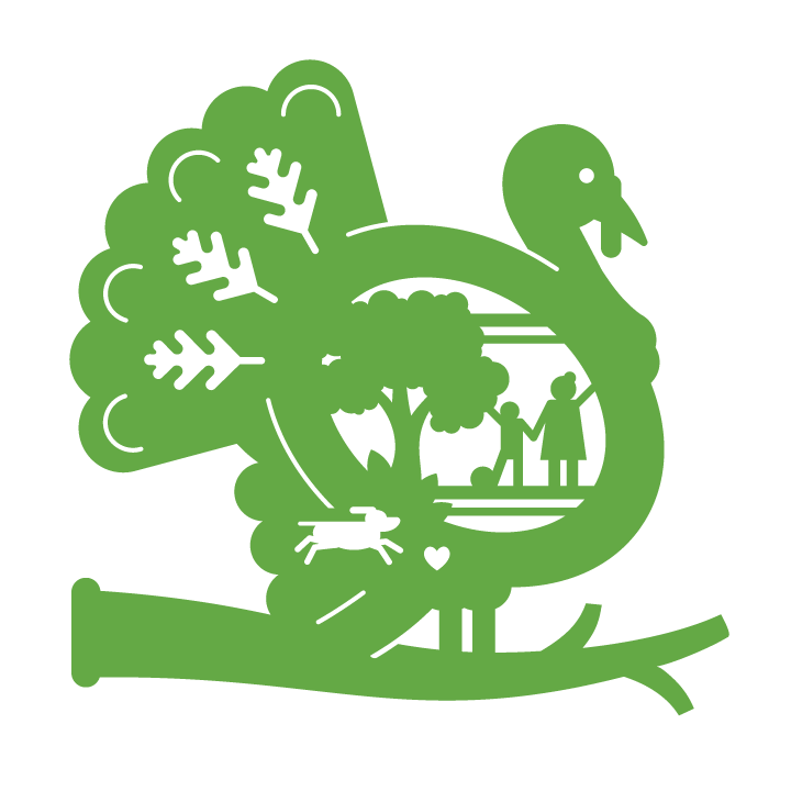 A green digital illustration of a turkey, with people in a park setting inside