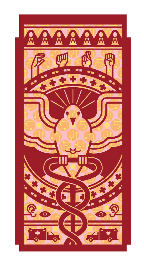 A digital illustration of a dove with open wings intertwined with a caduceus, surrounded by hands doing sign language, ears, eyes, and ambulances