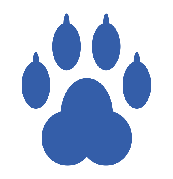 Blue paw print icon with five toes and a pad on a black background.