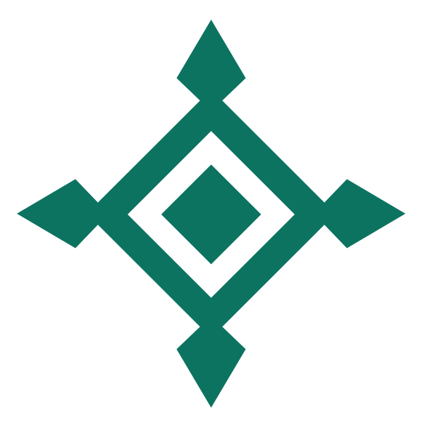 A green geometric design with a central diamond shape surrounded by four arrow-like figures pointing outward