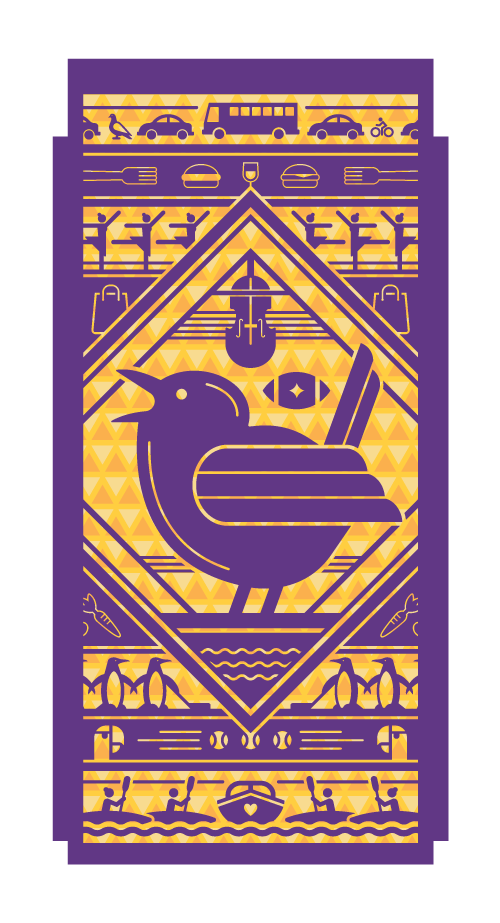 A digital illustration with a purple and yellow color scheme featuring a wren, people kayaking, a football, violin, and more