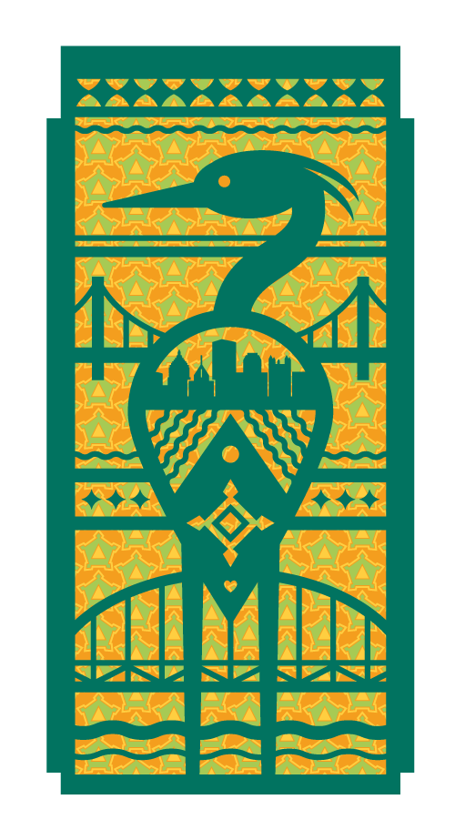 A digital illustration of a heron city skyline, bridge, and decorative patterns in green and yellow colors.