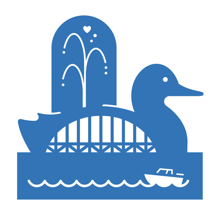 A digital illustration of a blue duck, water fountains, and a boat on water.