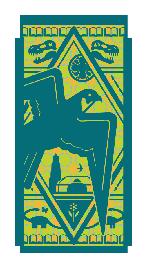 A digital illustration of a peregrine falcon in teal and green, with dinosaurs, books, the dome of Phipps Conservatory, and the Cathredral of Learning