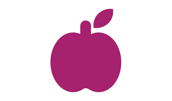 A dark pink apple with a leaf on top.