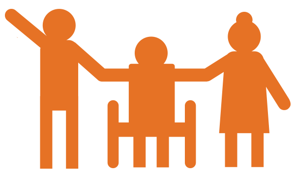 Silhouette of three people holding hands, with the middle person in a wheelchair