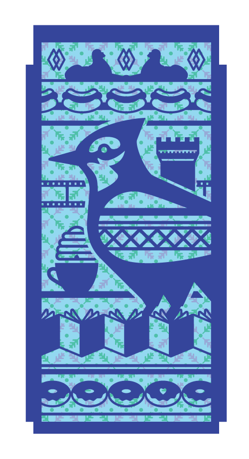 A digital illustration of a blue jay, with doughnuts, books, hot dogs, beehive, and coffee cup