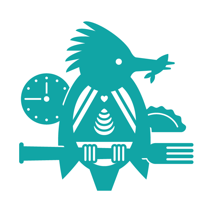 A stylized blue graphic of a kingfisher bird with multiple icons inside its body, including a clock, a plate, and a fork around it.