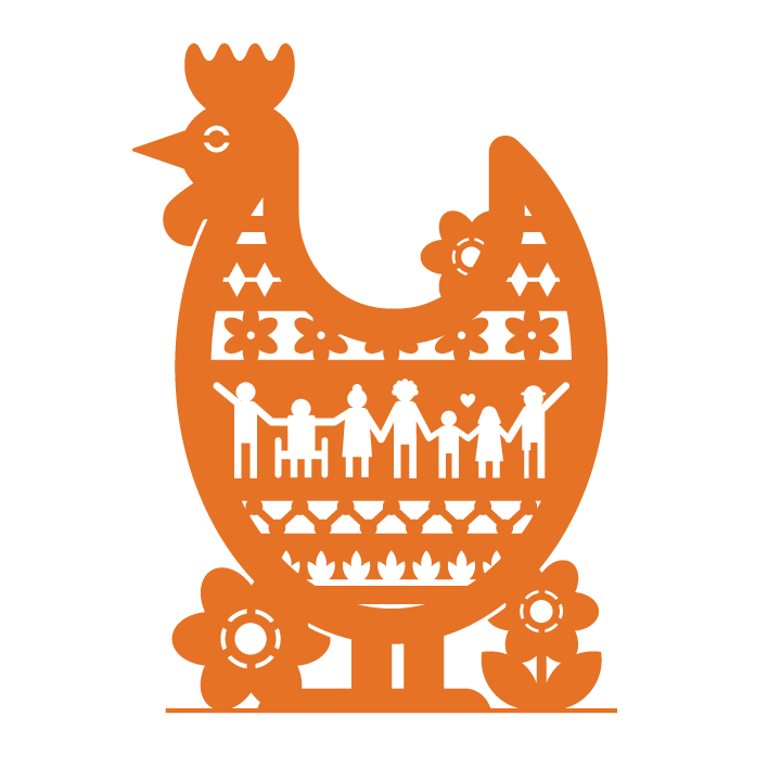 A digital illustration of an orange chicken decorated with flowers, geometric patterns, and silhouettes of people holding hands.