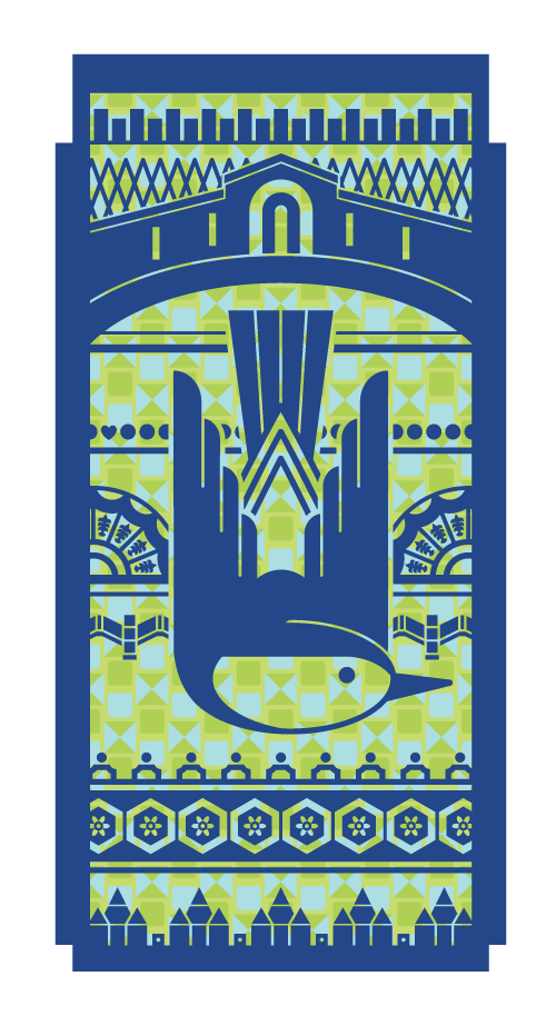 A digital illustration of a blue and green nuthatch featuring intricate patterns and geometric shapes in blue and green hues.