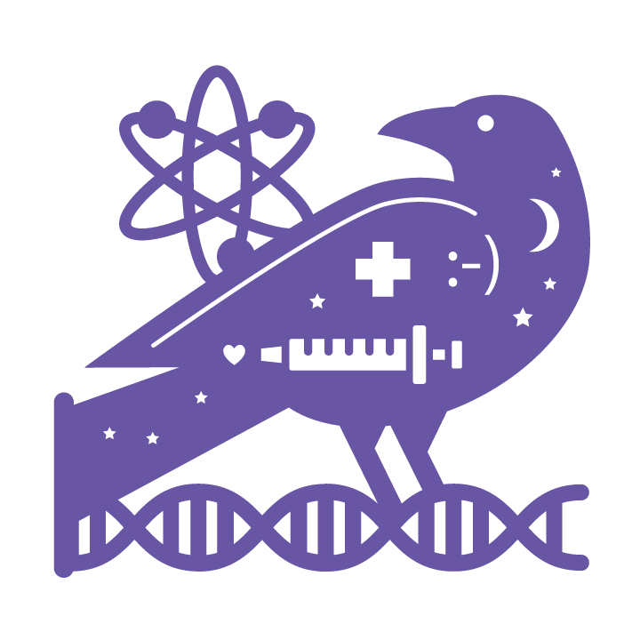 A digital illustration of a crow perched on a strand of DNA with a syringe, smiley face, moon, stars, and atom symbol