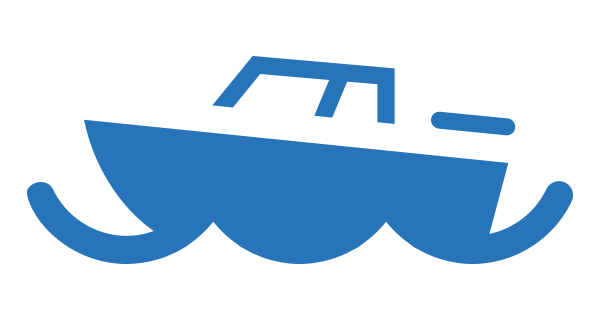 A digital illustration of a blue boat floating on waves
