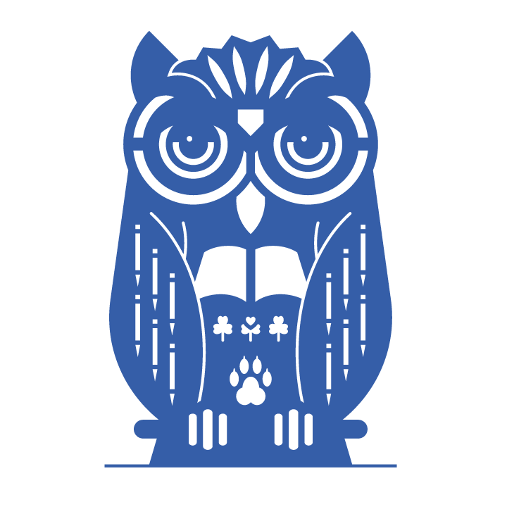 A blue digital illustration of an owl, with an open book, panther paw print, pencils, and clover