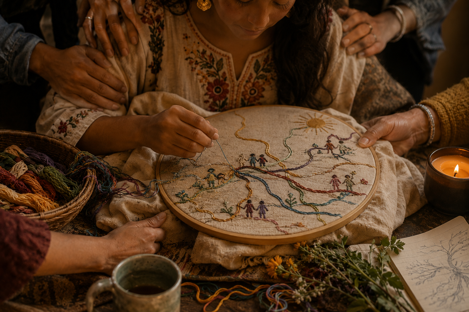 Grupo de personas trabajando en un bordado de árbol genealógico, rodeados de hilos de colores, una vela y una taza, en un ambiente cálido y acogedor.