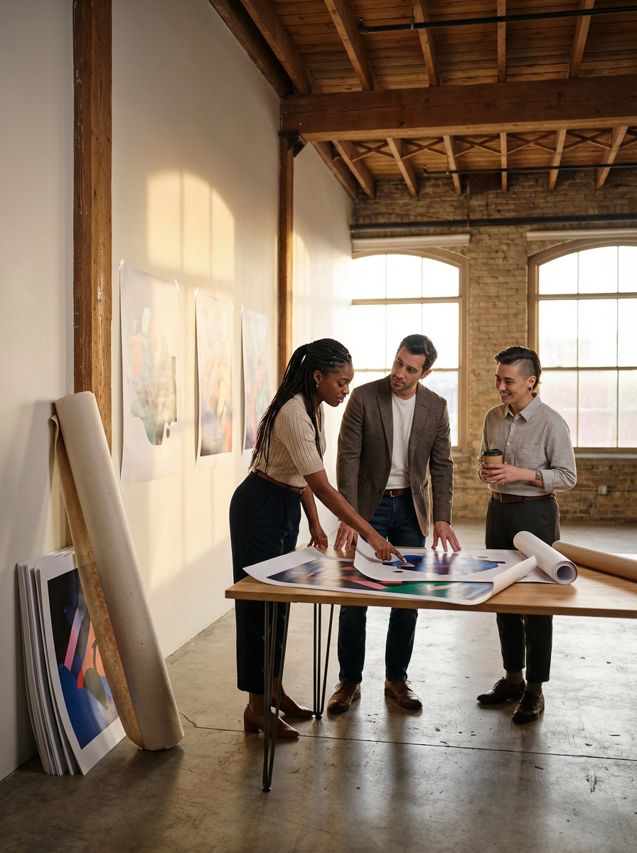 Three people working together at a table in an art studio, discussing colorful abstract artwork with large windows and brick wall in the background.